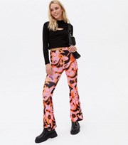 New Look Petite Pink Floral Ribbed Flared Trousers